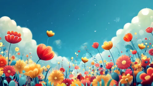 Digitally Rendered Floral Field with Stylized Sky and Clouds