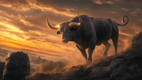 Sunlit muscular bull on rocky ridge at dramatic golden sunset