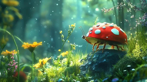 Macro fantasy beetle on mossy rock in luminous forest glade