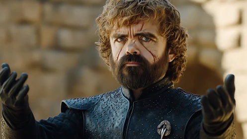 Bearded armored man with scars raising gloved hands.