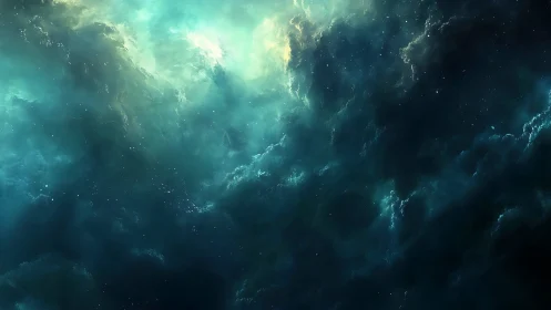Celestial stormclouds cradle a glowing turquoise nebula sky.