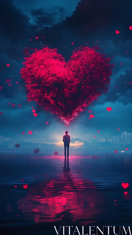 Man Gazes at Glowing Heart-Shaped Sky Above Water