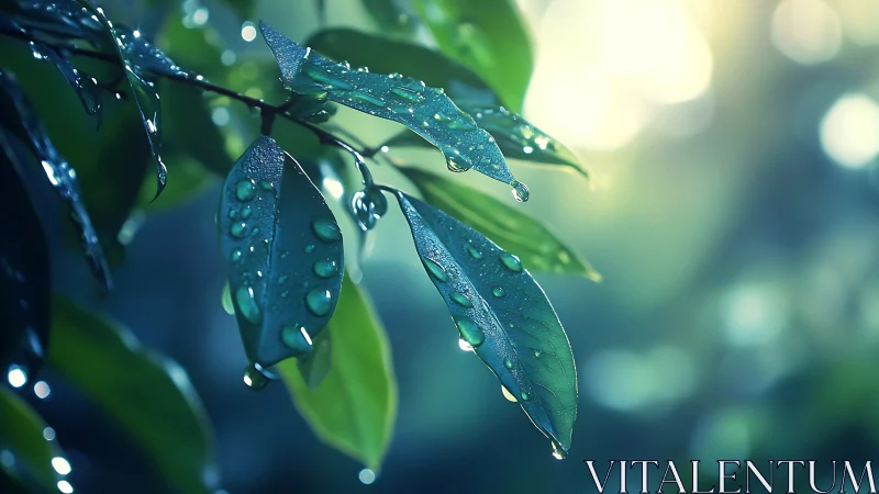 Raindrops resting on green leaves in soft morning light.