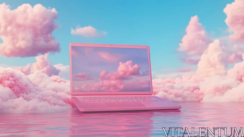 Pink laptop in dreamy pink clouds over reflective water.