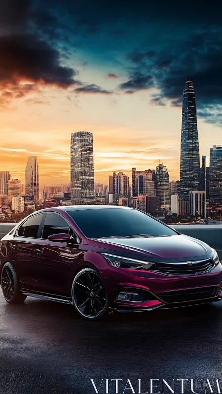 Crimson sports sedan poised before luminous city skyline.