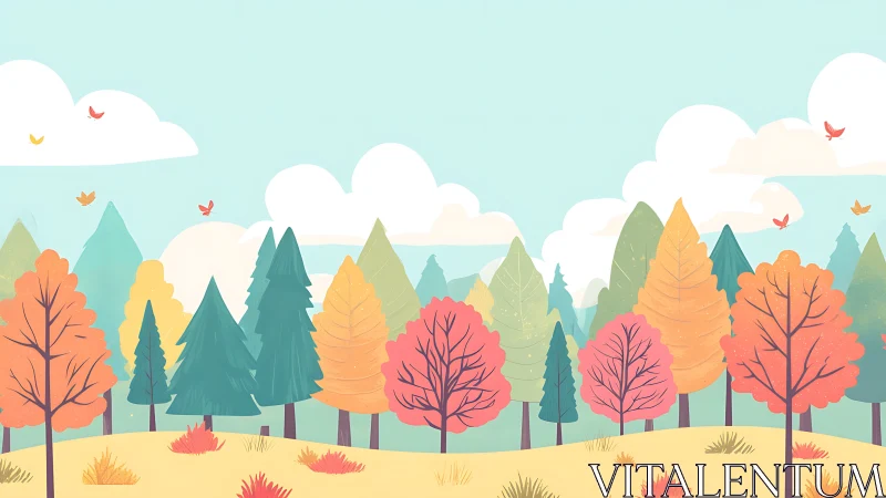 Stylized pastel autumn forest with rolling golden meadow.