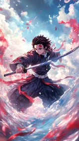 Dynamic anime swordsman amid swirling elemental wavefield.