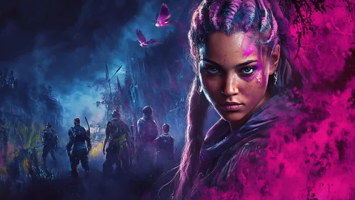 Neon guerrilla strategist in chromatic post‑urban frontline.