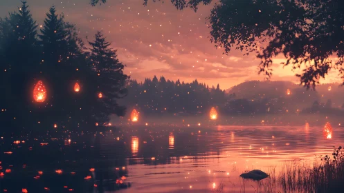Luminescent Lanterns Drift Across Misty Lakeside Forest at Dusk.