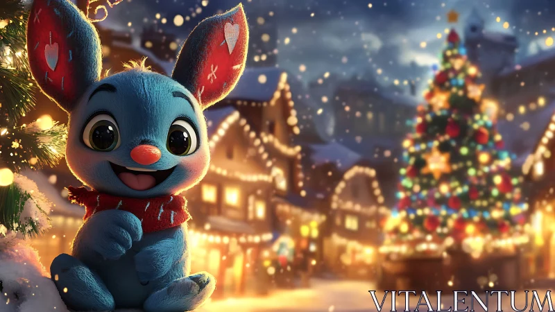 Blue holiday bunny sharing cozy joy in a snowy village.