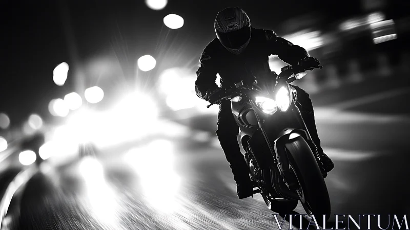Motorcyclist rides through illuminated urban roadway at night