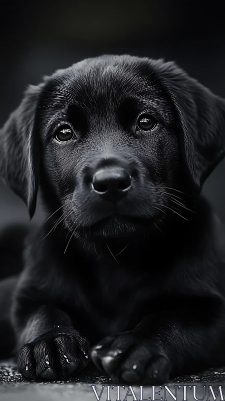 Black Labrador puppy gazes softly in dramatic close-up portrait.