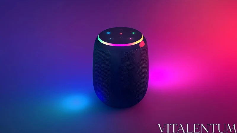 Smart Speaker Glow. Premium AI Device Against Vibrant Gradient.