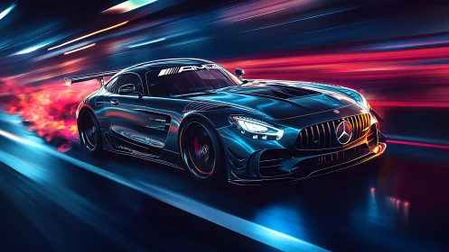 High-performance sports car moves through neon-lit tunnel environment