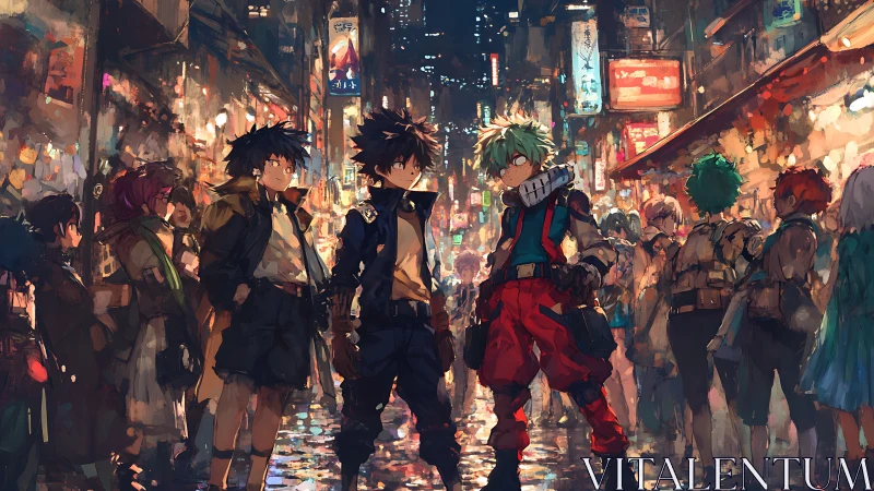 Neon alley heroes gathering under crowded city skies.