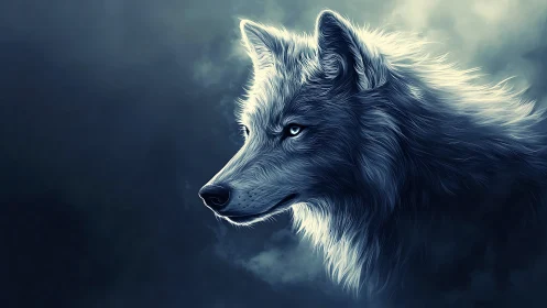 Digital profile illustration shows a detailed white wolf head