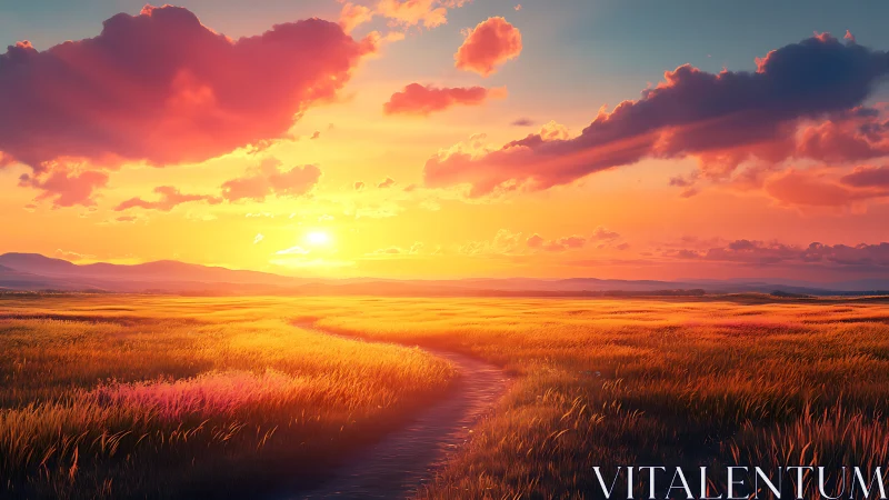 Sunlit rural path cuts through radiant sunset grassland panorama