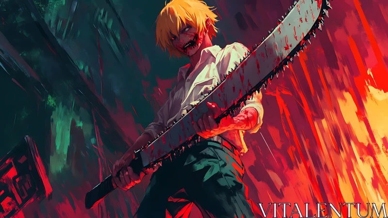 Bloody chainsaw warrior dominates fiery anime battle scene.
