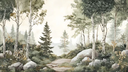 Tranquil Birch Forest Path in Watercolor Landscape Art Style.