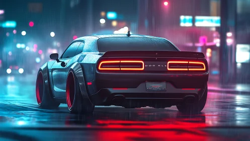 Neon soaked muscle car cruising through a rainy city night.