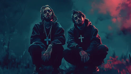 Two hooded men with crosses in moody neon landscape.