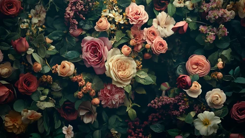 Garden Composition with Layered Roses and Seasonal Blooms.