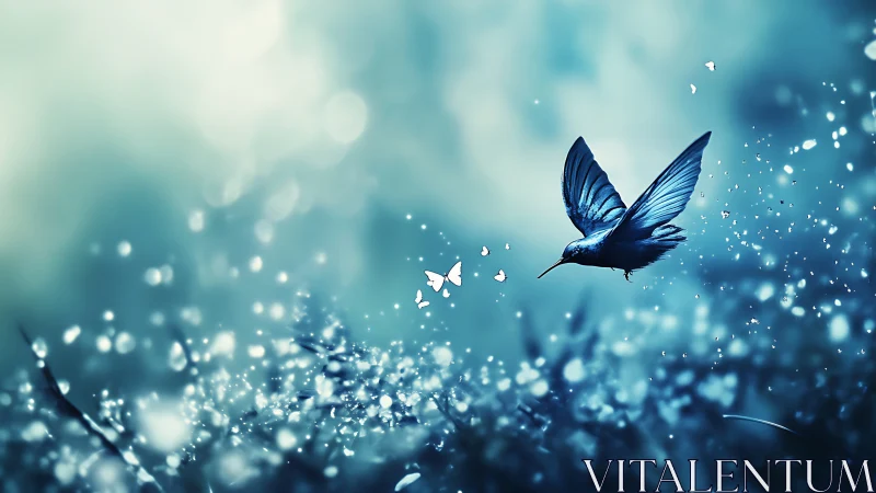 Luminous blue hummingbird glides through sparkling twilight air