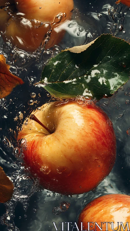 Close-up of apples and leaves submerged in splashing water.