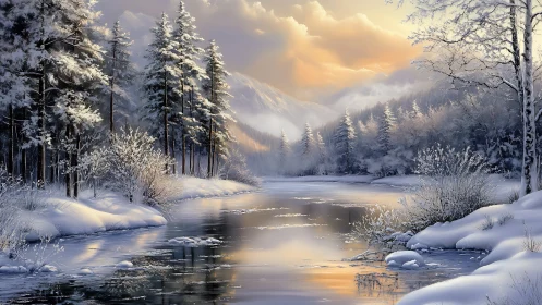 Snow-covered river and conifer forest under winter sunrise.