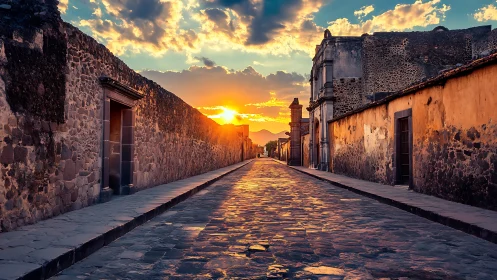 Sun illuminates a narrow cobblestone street between stone walls