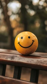 Yellow smiley ball on wooden bench in soft autumn light.