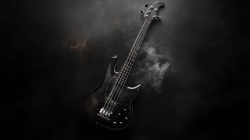 Electric bass guitar on dark textured surface with smoke.