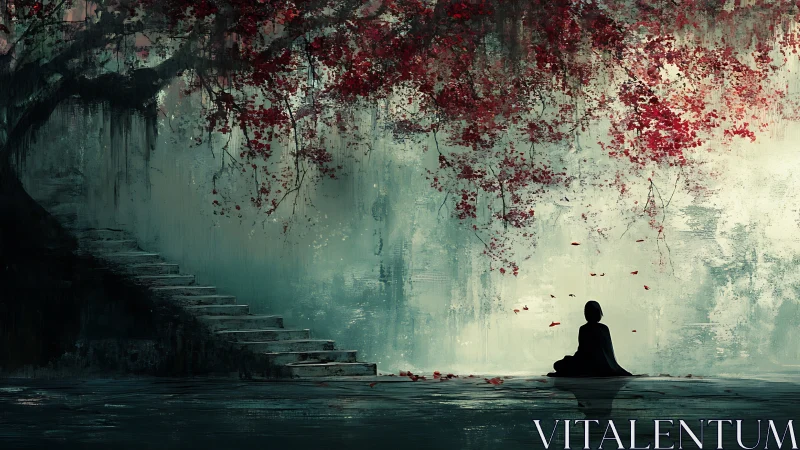 Solitary figure under red tree in misty abstract scene.