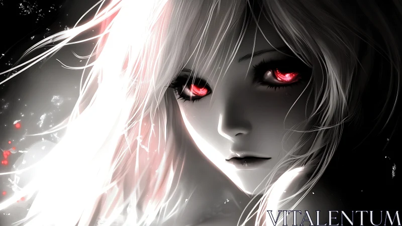 White haired anime girl stares forward with glowing red eyes