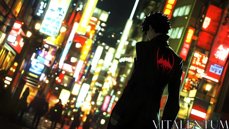 Lone vigilante walks through neon city streets at night.