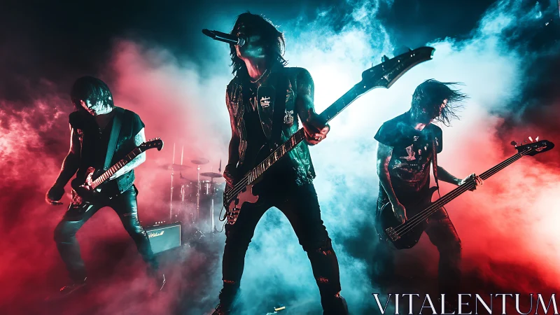 Backlit rock band performance in colored stage fog and smoke