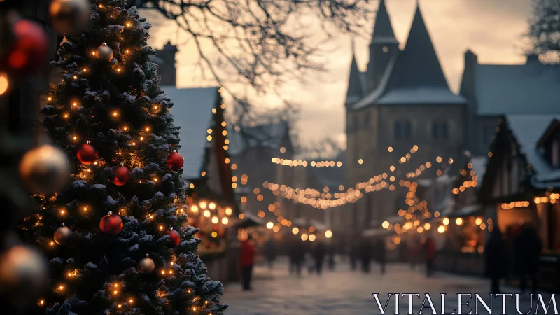 Snowy Christmas market glows with cozy tree lights and cheer.