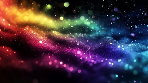 Chromatic stardust rolls in neon waves across a void sky