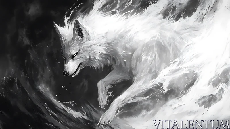 White spectral wolf emerges dynamically from swirling mist