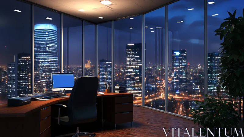 Stunning High-Rise Office with Glittering City Views at Night