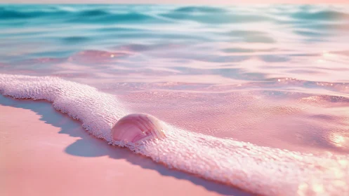 Chromatic shoreline interface with semi-submerged shell object.