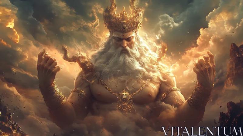 Mythic sky god with golden crown and fiery storm clouds