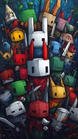 Colorful cube-headed warriors gather in a playful forest battle