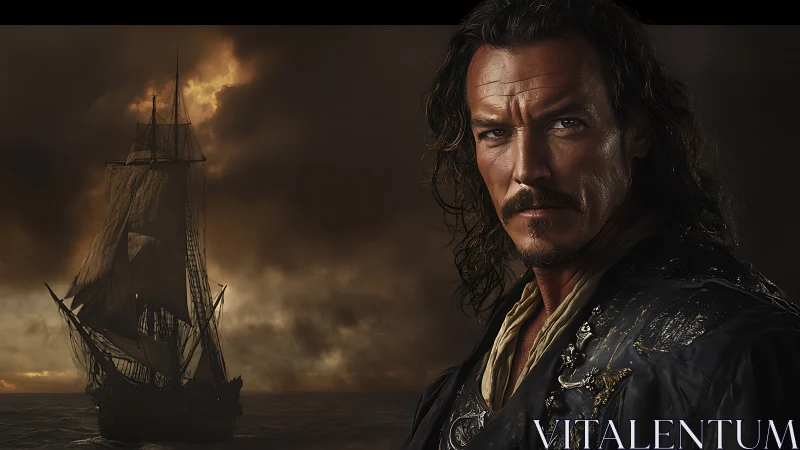 Stormlit privateer captain and ghostly galleon horizon gaze.