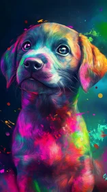 Digital illustration depicts multicolored puppy in neon palette