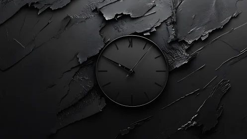 Monochrome minimalist wall clock set in textured black strata