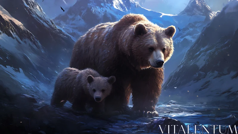 Mother bear leads her cub through a luminous icy valley
