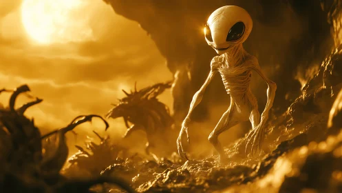 Moonlit dune walker alien strolling a molten gold wasteland.