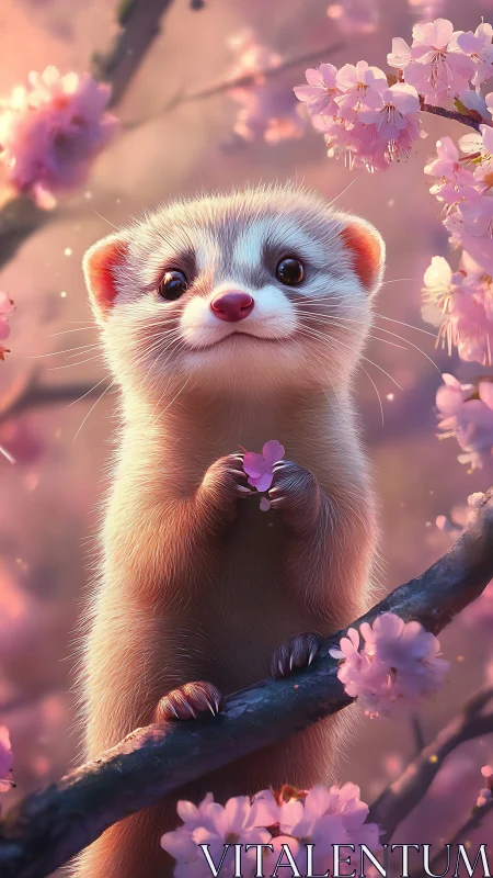 Blushing ferret daydream cradling a cherry blossom petal.