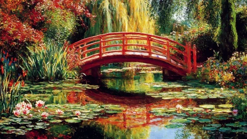 Red garden bridge arches over reflective lily pond.